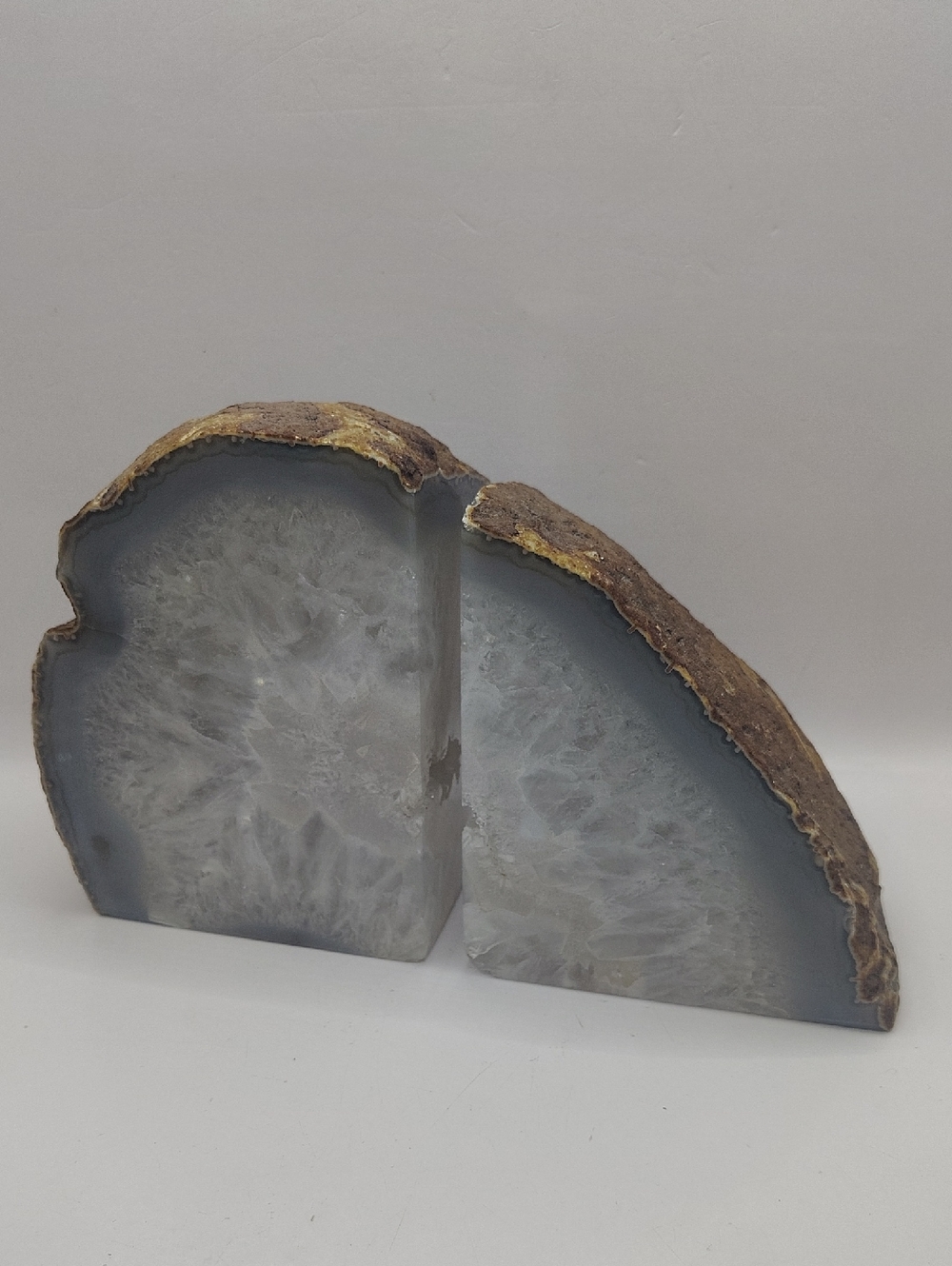 Gray Agate Geode Bookends with Natural Bark and Gold Edge